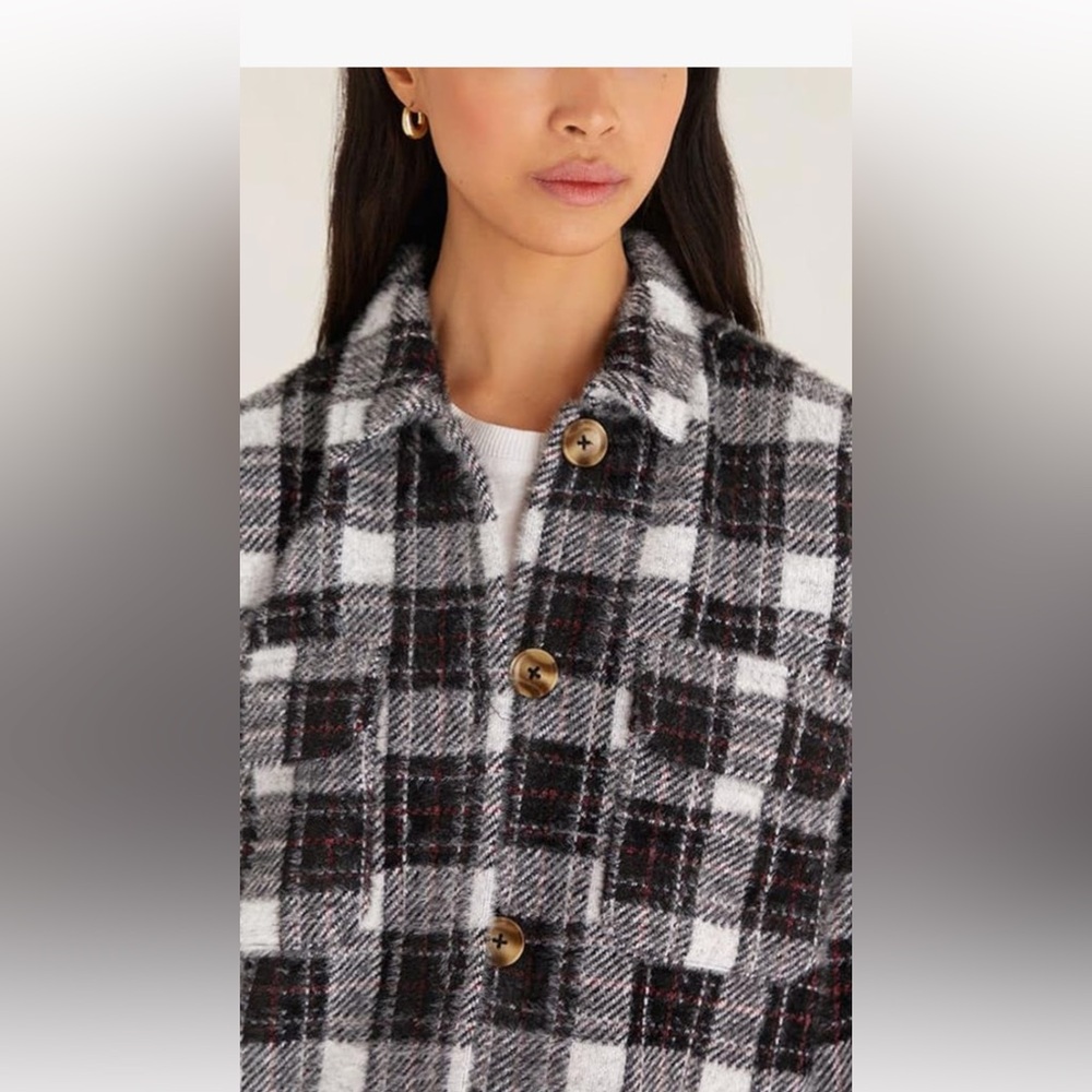 Z Supply Tucker Black and Gray Plaid Teddy Jacket/Shacket small
